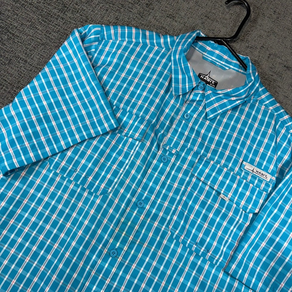 Habit Fishing Shirt XL Fish Finder Vivid Blue Plaid Short Sleeve UPF 40+ TS10293